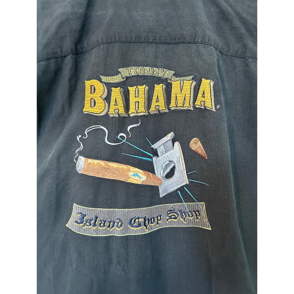 Tommy Bahama Island Chop Shop Silk Camp Shirt Mens XL Black Cigar  Embroidery